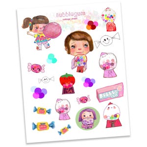 May include: A collage sheet featuring illustrations of bubblegum-themed elements. The sheet includes drawings of gumball machines, candy, and children with bubblegum. The text "Bubblegum collage sheet" is at the top.
