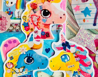 Unicorn Junk journal style- 3 die cut vinyl stickers