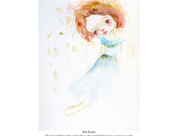 She floats (with words) - mixed media art print by Mindy Lacefield