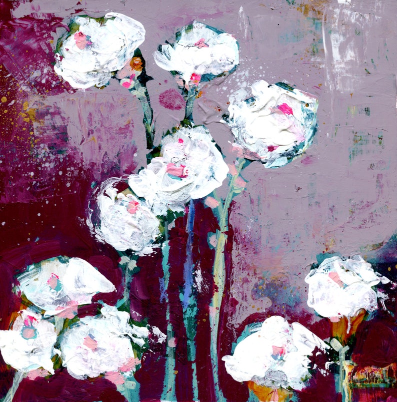May include: Abstract painting of white flowers with pink centers on a purple and burgundy background.