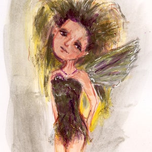 May include: A watercolor painting of a fairy with dark hair, wearing a black dress and wings. The fairy has a sad expression on her face.