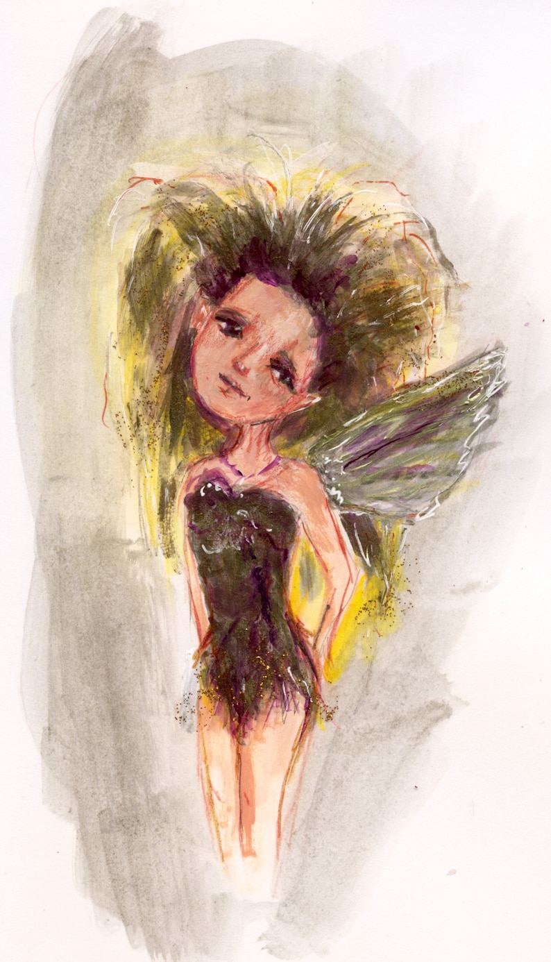 May include: A watercolor painting of a fairy with dark hair, wearing a black dress and wings. The fairy has a sad expression on her face.