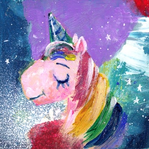 May include: A colorful painting of a unicorn with a rainbow mane and tail. The unicorn is sleeping with its eyes closed and has a purple and blue star-shaped horn. The background is a dark blue and purple sky with white stars.