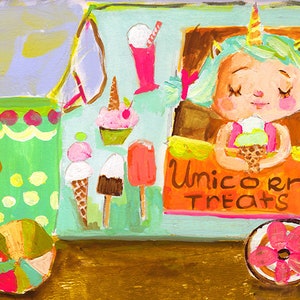 May include: A green and blue ice cream truck with a unicorn character holding a green ice cream cone. The truck has a sign that says "Unicorn Treats". There are various ice cream treats on the truck, including a cupcake, a popsicle, and a milkshake.