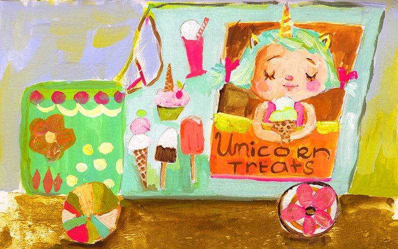 May include: A green and blue ice cream truck with a unicorn character holding a green ice cream cone. The truck has a sign that says "Unicorn Treats". There are various ice cream treats on the truck, including a cupcake, a popsicle, and a milkshake.