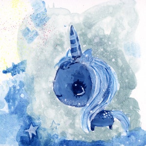May include: A watercolor painting of a blue unicorn with a striped horn and a blue mane against a light blue and gray background with white stars.