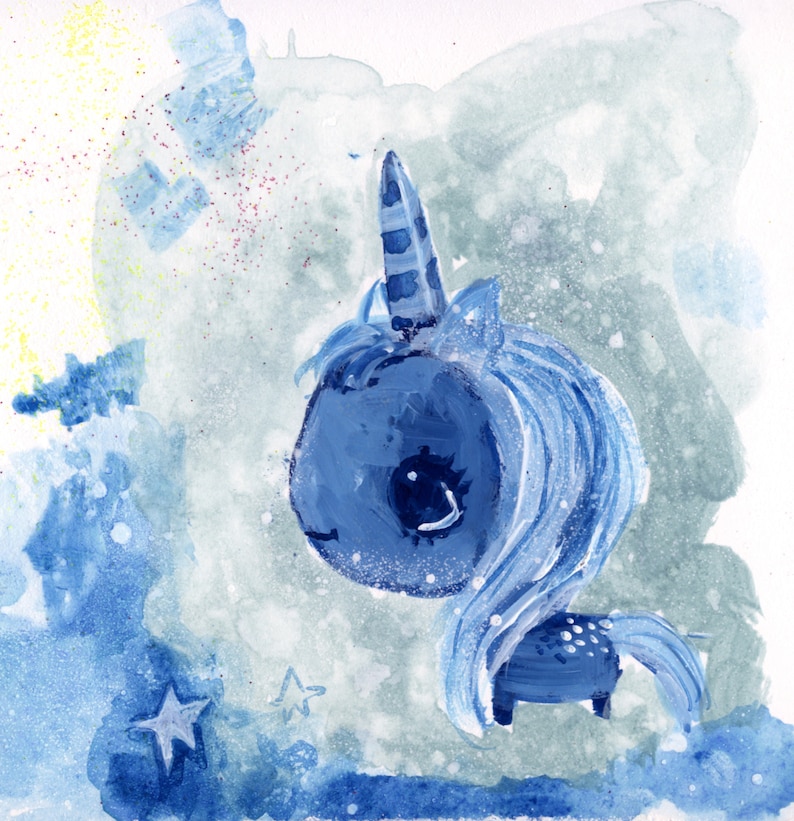 May include: A watercolor painting of a blue unicorn with a striped horn and a blue mane against a light blue and gray background with white stars.