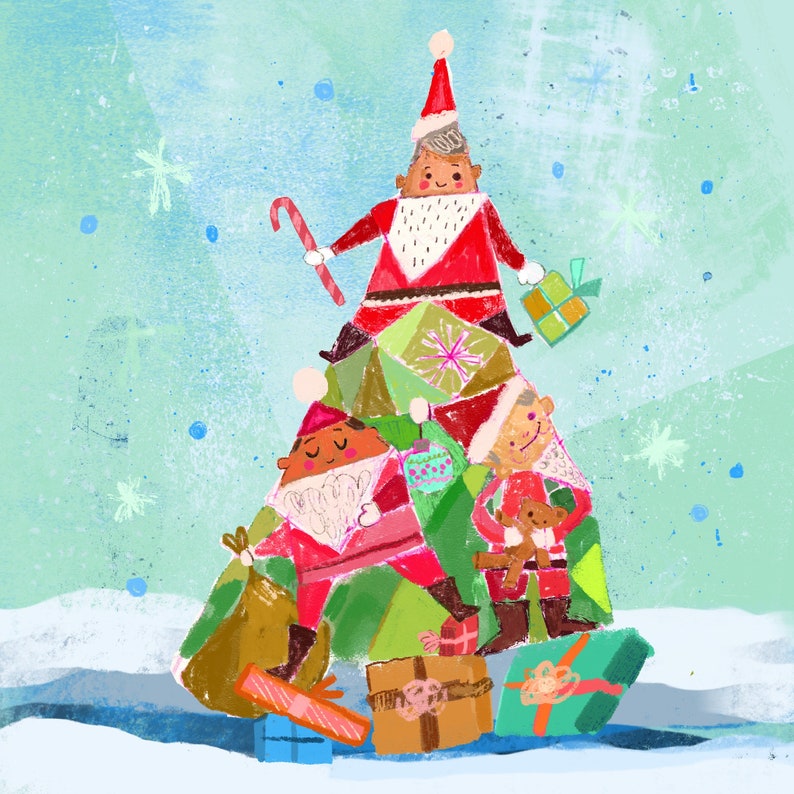 May include: A colorful illustration of three Santas on a Christmas tree made of patchwork fabric. The Santas are wearing red and white suits and have white beards. The tree is decorated with presents and ornaments.