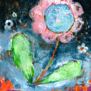May include: A pink flower with a blue center and green leaves painted on a dark blue background.