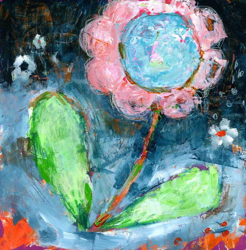 May include: A pink flower with a blue center and green leaves painted on a dark blue background.