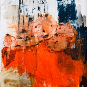 May include: Abstract painting with orange, brown, and black paint. The painting features a house in the background and a group of pumpkins in the foreground.