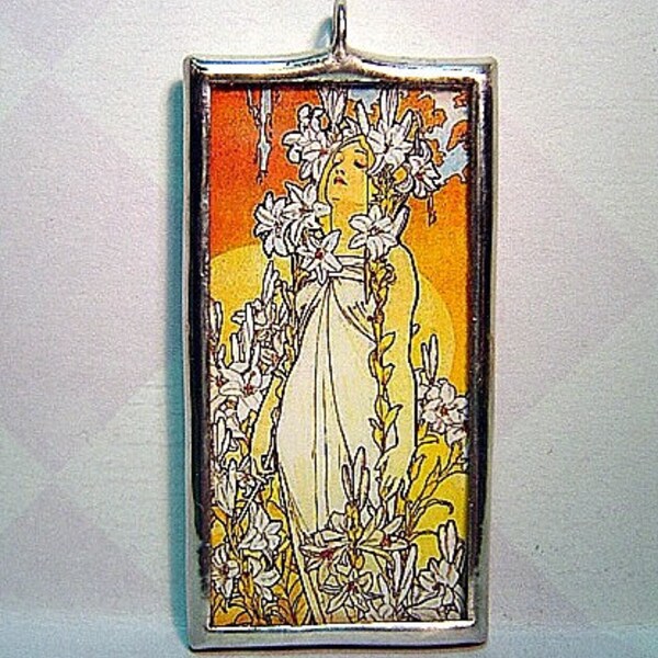Art Nouveau Mucha Lily Glass Pendant