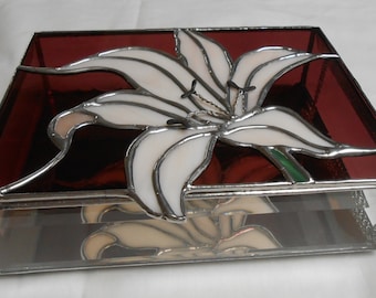 Stained Glass Jewelry Box, Purple w Champagne Lily