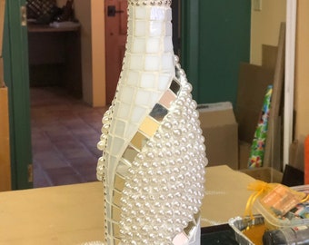 Mosaic Bottle Art White with Mirrors and Pearls OOAK