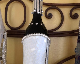 Mosaic Bottle Art Black with White Glass, Pearls and Mirrors OOAK