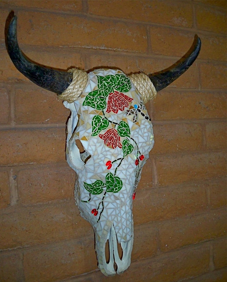 Mosaic Steer Skull with Flowers and Vines Etsy