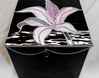 Stained Glass Box, Pink Lily on Black