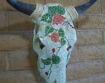 Mosaic Steer Skull with Flowers and Vines