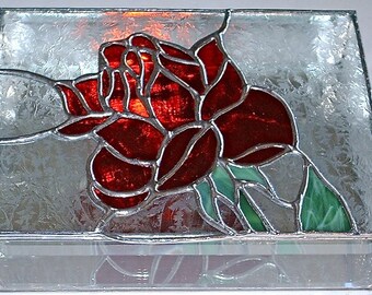 STAINED GLASS Jewelry Box, Red Rose