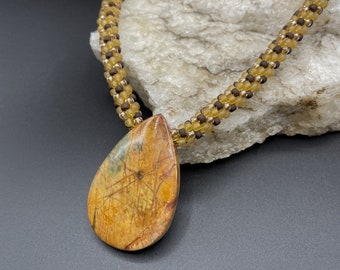 Butterscotch, gold & brown w/ Red Creek Jasper Kumihimo Beaded Necklace - Seed Beads - Braided - 17 1/2" - 18" - 20" adjustable length