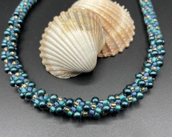 Teal blue and gold Kumihimo Beaded Necklace w/ teal blue crystal pearls - Glass Seed Beads - Braided - 17" - 18" - 20" adjustable length