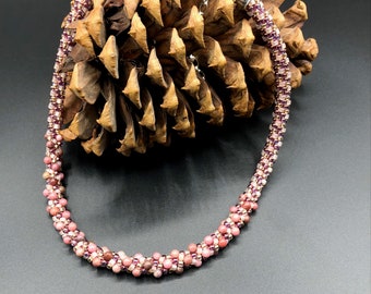 Rose, pink champagne & antique gold w/ rhodonite - Kumihimo Beaded Necklace Glass Seed Beads - braided - 17" - 18" - 20" adjustable