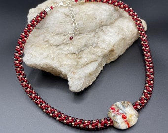 Red, black & gold w/ lampwork glass bead - Kumihimo Necklace