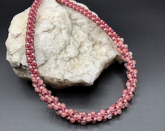 Raspberry & Rose Pink Kumihimo Beaded Necklace w/ Cherry Quartz - Glass Seed Beads - Braided - 17" - 18" - 20" adjustable length
