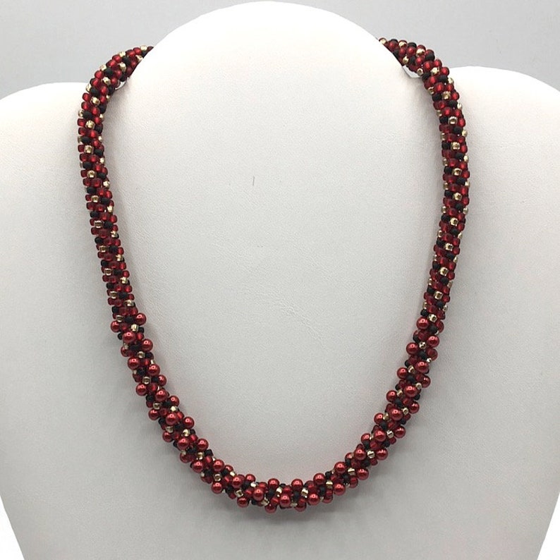 Red, black & gold w/ red crystal pearls Kumihimo Necklace image 2