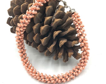 Peach, Grey & White Glass Seed Beads Kumihimo Beaded Necklace - braided - 17" - 18" - 20" adjustable-