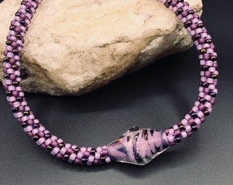 Bright purple & lilac w/ borosilicate glass bead Kumihimo Beaded Necklace - Seed Beads - Braided - 17 1/2" - 18" - 20" adjustable length