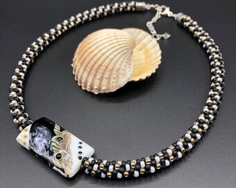 Black, Off White & Gold Kumihimo Beaded Necklace w/ lampwork glass bead - Seed Beads - Braided - 17" - 18" - 20" adjustable length