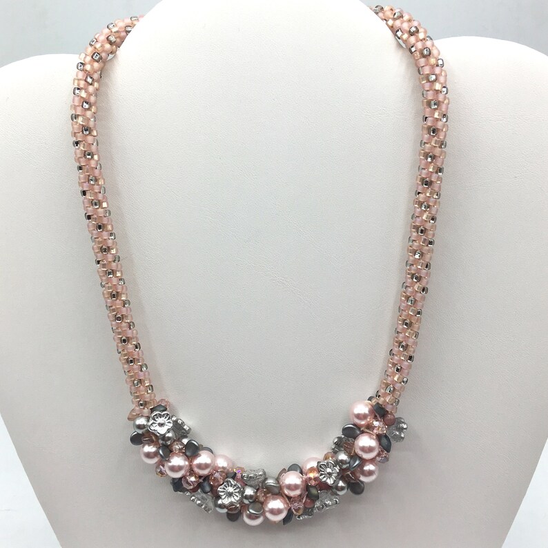 Pale pink /& silver-grey Kumihimo Beaded Necklace Czech glass 17 12-18 Seed Beads 20 adjustable length Braided