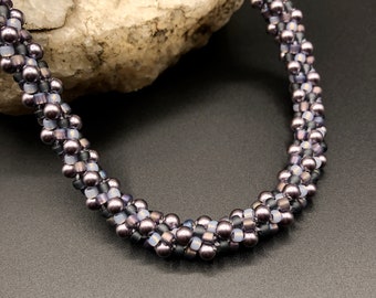 Dusty purple, taupe & grey w/ Swarovski crystal pearls - Kumihimo Beaded Necklace Glass Seed Beads-braided - 17 1/2" - 18" - 20" adjustable