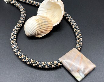 Grey & Pale Peach w/ Picasso Jasper Kumihimo Beaded Necklace - Seed Beads - Braided - 17 1/2" - 18" - 20" adjustable length