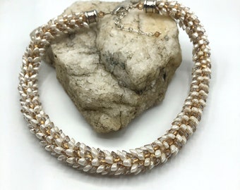 Cream & gold lined crystal glass seed beads Kumihimo Beaded Necklace - braided - 17" - 18" - 20" adjustable