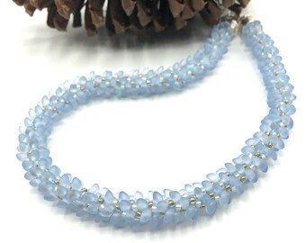 Powder Blue, White & Gold Glass Seed Beads Kumihimo Beaded Necklace - braided - 17" - 18" - 20" adjustable