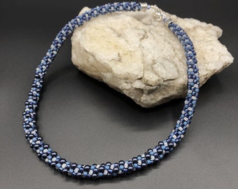 Denim blue, royal blue & white w/ Swarovski crystal pearls - Kumihimo Beaded Necklace Glass Seed Beads -braided - 17" - 18" - 20" adjustable