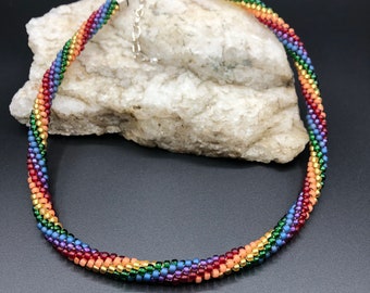 Rainbow Kumihimo Beaded Necklace - braided - 17" - 18" - 20" adjustable