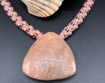 Pale Rose & Grey w/ Natural Stone Pendant - Kumihimo Beaded Necklace - Seed Beads - Braided - 17 1/2" - 18" - 20" adjustable length