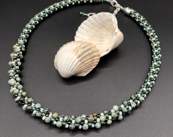 Forest & seafoam green w/ African turquoise - Kumihimo Beaded Necklace Glass Seed Beads - braided - 17" - 18" - 20" adjustable