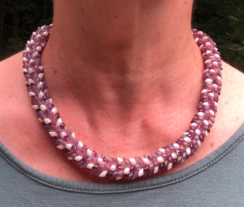 Lilac & white glass seed beads Kumihimo Beaded Necklace braided 17 18 20 adjustable image 7