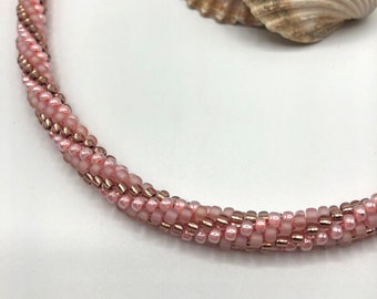 Pink & gold twist glass seed beads Kumihimo Beaded Necklace - braided - 17" - 18" - 20" adjustable