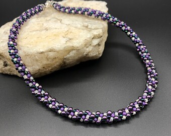 Rich purple & frosted white w/ crystal pearls - Kumihimo Beaded Necklace Glass Seed Beads - braided - 17" - 18" - 20" adjustable