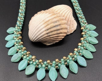 Forest green, seafoam green & gold Kumihimo Necklace w/ Czech glass leaf dangles - Seed Beads - braided - 17" - 18" - 20" adjustable