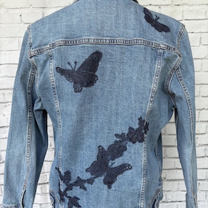 Decorated Denim Jean Jacket with Navy Butterflies