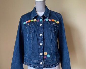 Decorated denim jean jacket with flower design