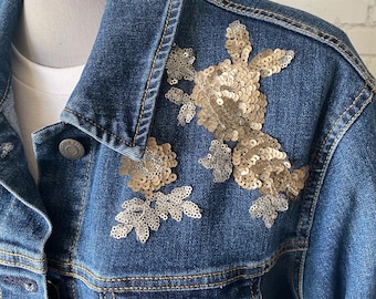 Decorated denim jean jacket with sequin flowers