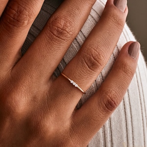 14K Solid Gold Ring, Minimalist Diamond Ring, Tiny Three Diamond Ring, Real Moissanite Ring, Gift for Her, Women Ring, Christmas gift