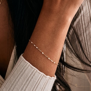 14K Solid Gold Chain Bracelet, Sequin Faceted Bracelet, Minimalist Chain Bracelet, Daily Bracelet, Gift for Women